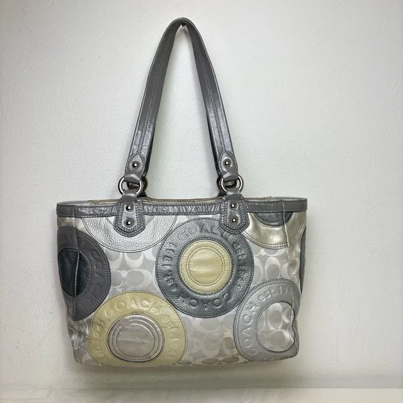 COACH F19042 Patent Leather Canvas Jacquard Logo Monogram Tote Bag Purse - Picture 10 of 16